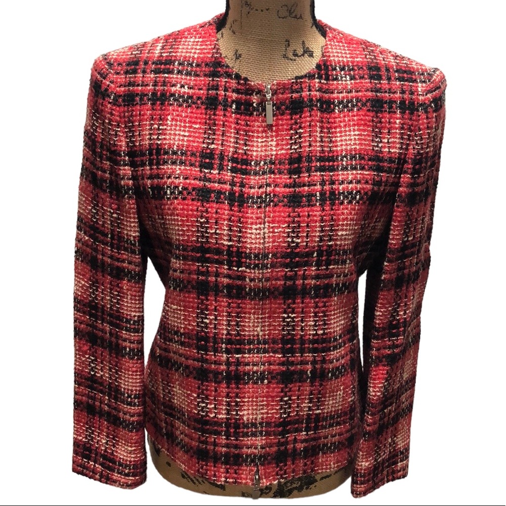 {Rena Rowan} Red And Black Plaid Tweed Zipper Front Jacket
